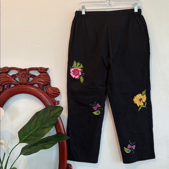 Vintage Black Colorful Floral Appliqué Cotton Pants Size M - Picture 6 of 6